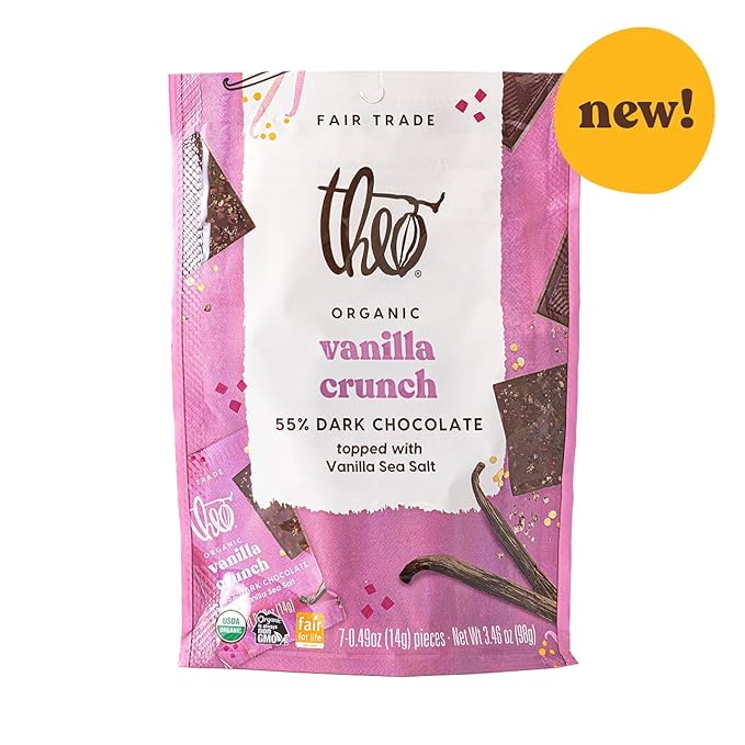 Theo Organic 55% Dark Chocolate Squares Vanilla Crunch w/Vanilla Sea Salt 6 Pouches (7 Individually Wrapped Singles per Pouch) 42 Pieces Vegan Fair Trade