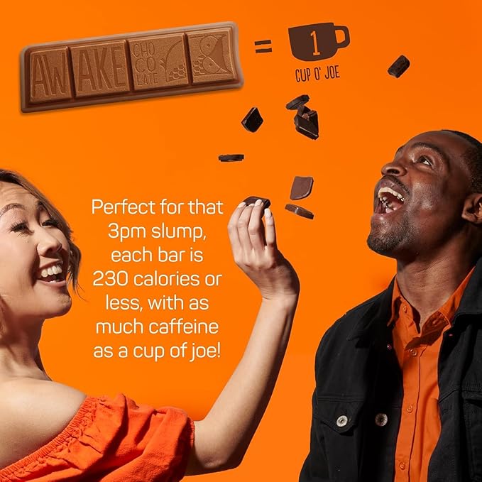 Awake Caffeinated Chocolate Bars - Dark Chocolate 12 Bars - 100mg Caffeine - 1 Bar Equals 1 Cup of Coffee - Individually Wrapped Energy - Fairtrade Gluten Free Non GMO Kosher - 1.34oz