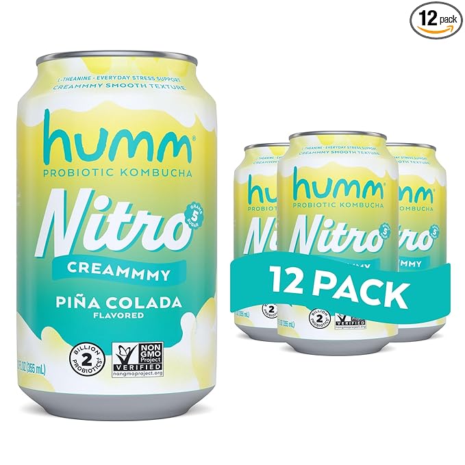 Humm Nitro Kombucha Piña Colada Creamy Smooth Probiotic Drink with L-Theanine Non-GMO Vegan Gluten Free 12 fl oz (Pack of 12)