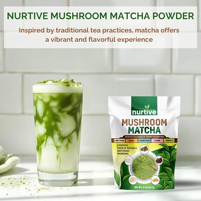 Nurtive Mushroom Matcha Powder - Harmonious Blend of Ceremonial Matcha and Adaptogenic Mushrooms Including Lion's Mane Reishi Cordyceps Chaga and Tremella (8oz / 227g)