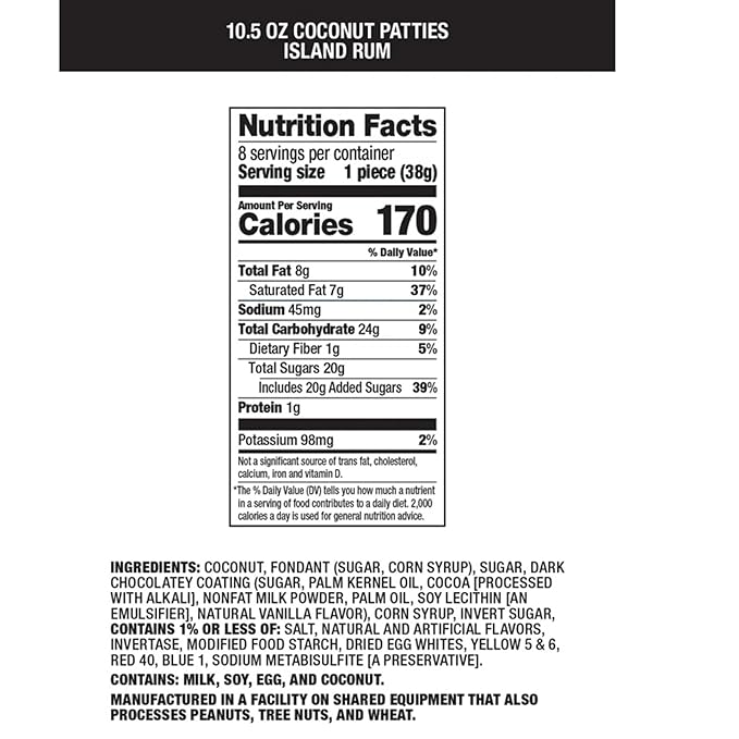 Chocolate Covered Coconut Patties – Island Rum Flavor – Creamy Coconut with Rich Dark Chocolate Coating – Individually Wrapped – 10.5 oz Box – Gourmet Tropical Candy Dessert Snack – Kosher Certified -