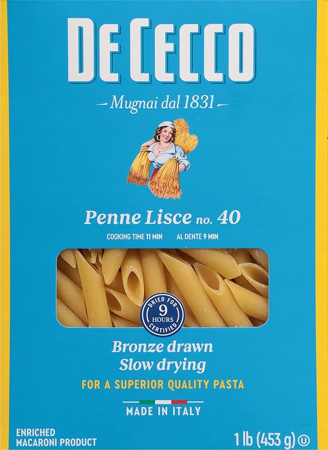 De Cecco Pasta Penne Lisce No.40 1 Pound (Pack of 12) - Made in Italy High in Protein &amp Iron Bronze die