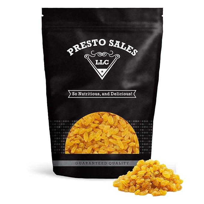 Raisins Crop year 2024 FRESH BRIGHT YELLOW Golden seedless Sun-Dried Naturally Sweet Nutritious Baking Cooking Snacking Garnishing Packed in a 3 lbs. (48 oz.) Resealable bag by Presto Sales
