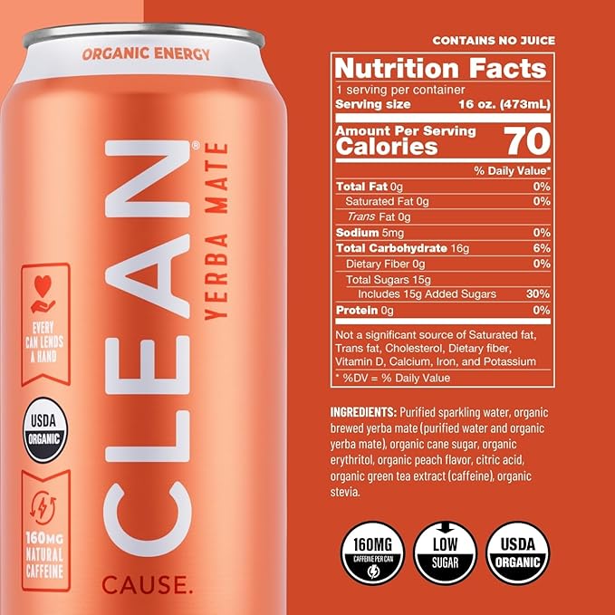 CLEAN Cause Low Calorie Variety Pack Yerba Mate Tea Sparkling USDA Organic Energy Drink Alternative Low Sugar 160mg Natural Caffeine Soda Alternative Plant-Based (16oz cans 12-Pack Case 4 Flavo