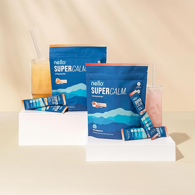 Nello Supercalm Powdered Drink Mix Cortisol Reducer* Sleep Aid Supplement L Theanine Ksm-66 Ashwagandha Magnesium Glycinate Vitamin D 3 No Sugar Non GMO 20 Ct Strawberries &amp Cream