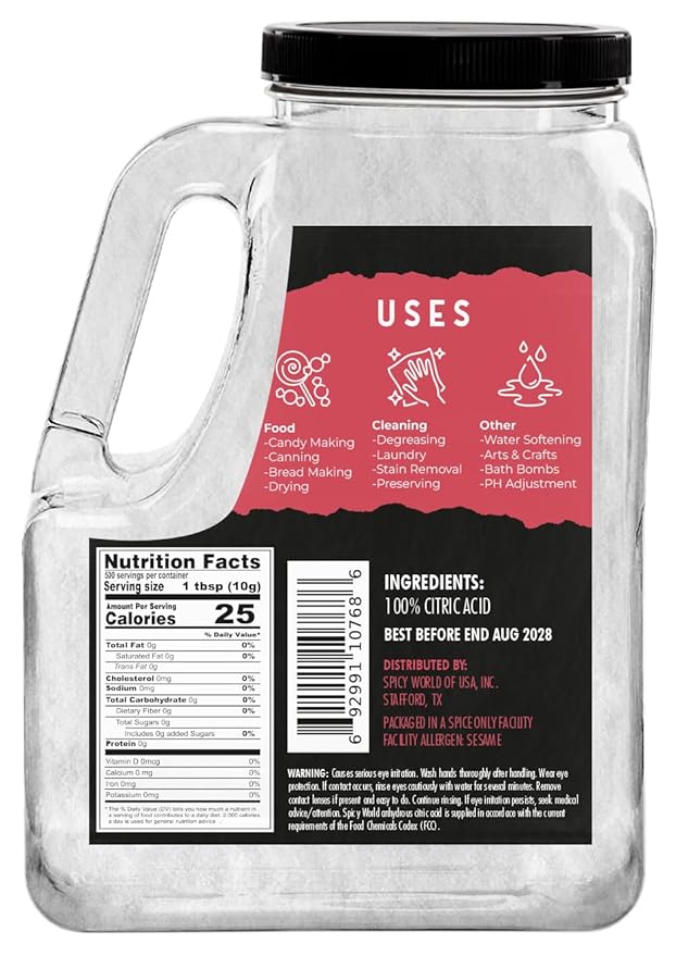 Citric Acid 11 LB Bulk Jar - All Natural Food Grade Non-GMO Citric Acid Powder for Cleaning Bath Bombs Preserving | Fine Granular &amp Premium Quality by Spicy World
