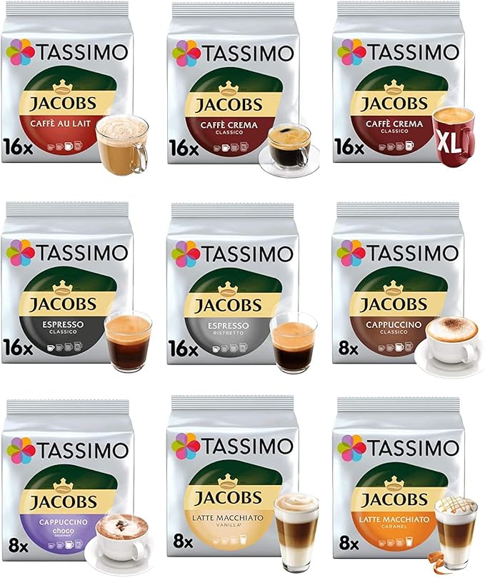 Tassimo Coffee Tea Chocolate Pods. Pick Any 5 Packs from 50+ Blends Including Kenco Costa Jacobs Hot Chocolate Chai latte Baileys Cadbury Milka Oreo Cafe Hag and More.