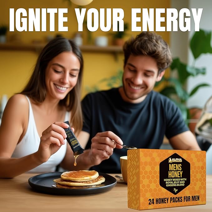 Royal Jelly Honey for Men - Extra Strength Quality Improved Formula Herbal Superfood Mix - Raw &amp Natural Energy &amp Power Supplement No Added Sugar - 24 Individual Packets 10g