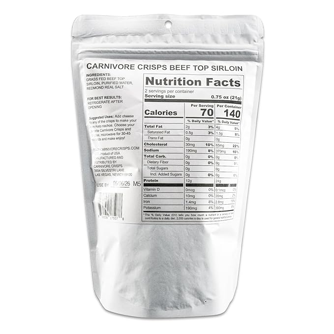 Carnivore Crisps Grass Fed and Finished Beef Top Sirloin Beef Crips High Protein Keto &amp Carnivore Diet Approved Gluten-Free No Hormones 1.5 oz (Pack of 3)