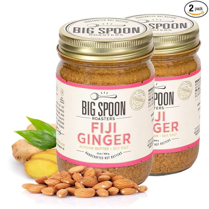 Big Spoon Roasters Fiji Ginger Almond Butter with Sea Salt - Keto Friendly Low Sugar Almond Butter - Crunchy &amp Bee-Friendly Almonds - Gourmet &amp Pure Almond Nut Butter - 2 x 13 Ounces