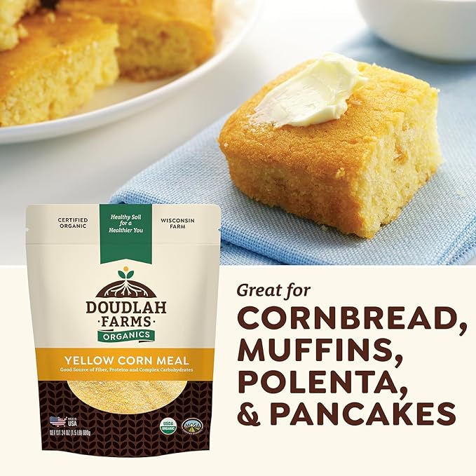 Organic Yellow Cornmeal 25 lb Fine Grind - Non-GMO Gluten-Free Sugar-Free Farmed From Regenerative Soil Vegan Grown In USA For Baking Cornbread Muffins Pancakes and More by Doudlah Farms