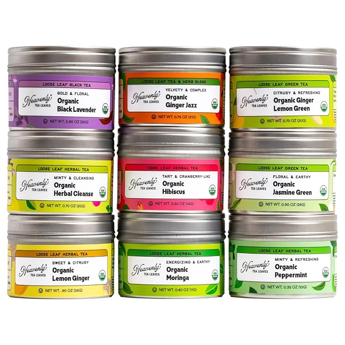 Heavenly Tea Leaves Organic Wellness Tea Sampler (Approx. 90 Cups of Tea) 9 Assorted Loose Leaf Teas &amp Herbal Tisanes - Great Hot or Iced High &amp No Caffeine Teas Gift Ideas for Her
