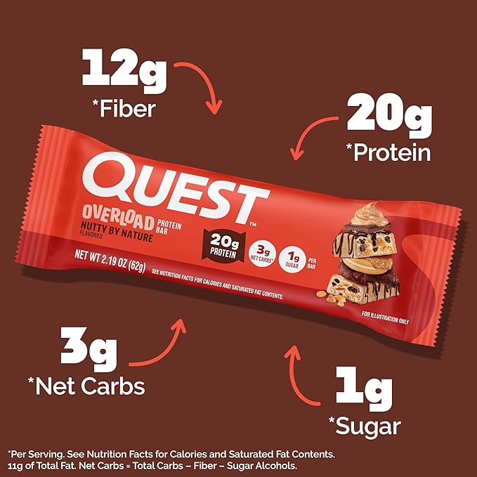 Quest Nutrition Overload Protein Bars Nutty by Nature Flavored Protein Bars 20g Protein 1g Sugar 3g Net Carbs Gluten Free 12 Count