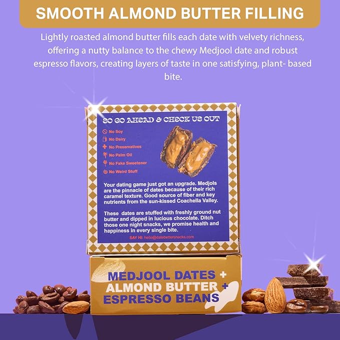 Date Better Almond Java Crunch Stuffed Medjool Dates - Dark Chocolate-Covered Dates Filled With Almond Butter &amp Espresso Beans | No Artificial Sweeteners Gluten-Free &amp Vegan (6-Pack)