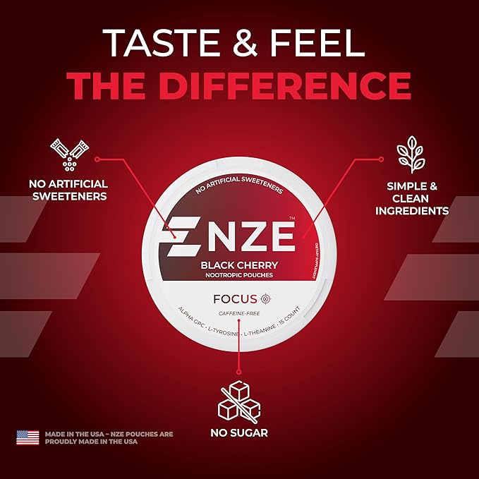 NZE Caffeine Free Nootropic Pouches (Black Cherry) - Nootropic Pouches with Alpha GPC L-Tyrosine &amp L-Theanine - No Sugar or Artificial Sweeteners - 15 Pouches Per Can - 5 Pack