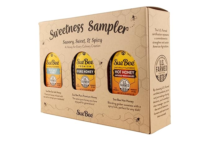 Sue Bee® Sweetness Sampler – 3 Pack Honey Gift Set | Original Hot &amp Sea Salt | Pure U.S. Farmed Certified | Gourmet Gift Set for Foodies Cooking Tea Charcuterie &amp Holiday Gifting 8 Ounce (