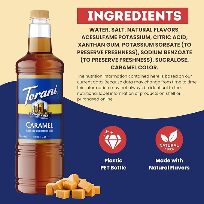 Torani Sugar Free Caramel Coffee Syrup 1 Liter Bottle with Pump Dispenser – Zero Calorie Flavored Syrup for Lattes Teas Cocktails &amp Desserts – Premium Quality