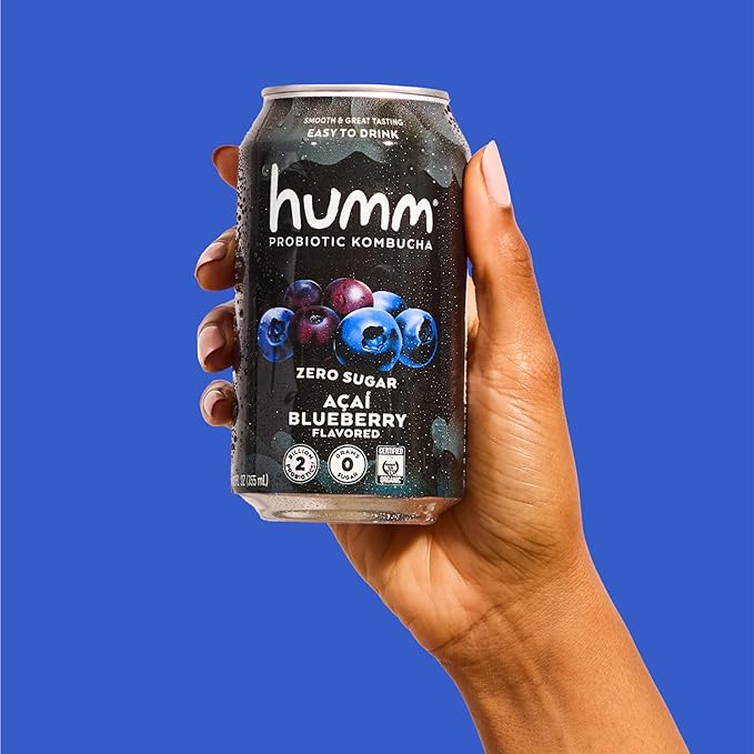 Humm Probiotic Kombucha Zero Sugar Acai Blueberry No Refrigeration Needed Keto Friendly Organic Vegan Gluten Free 12oz Cans (8 Pack)