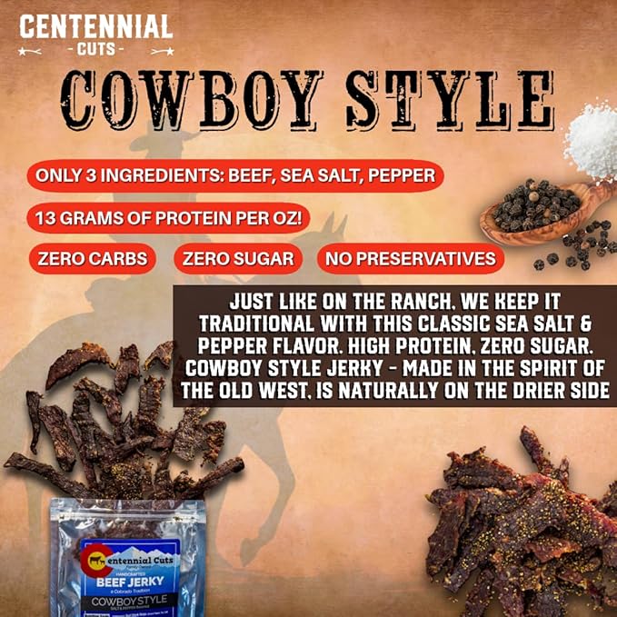 Centennial Cuts Beef Jerky – Cowboy Style - High Protein Zero Sugar &amp Zero Carbs 3 Simple Ingredients – 7 oz Snack
