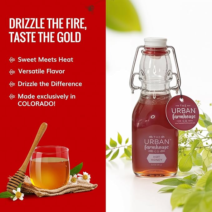 The Urban Farmhouse Co – Colorado Hot Honey Infused w/Chili Peppers – Spicy Sweet Mixer for Cocktails Pizza Chicken Tea Culinary Creations – All Natural Small Batch 6.4 oz (Single Hot Honey)