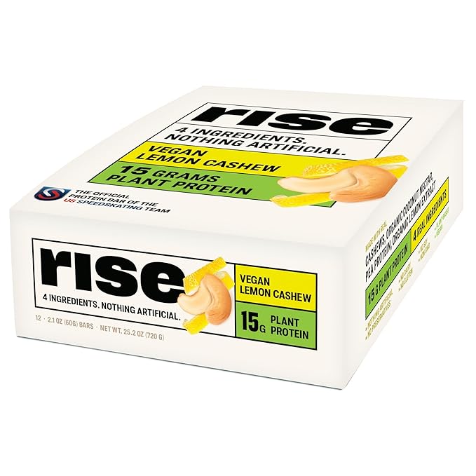 Rise Pea Protein Bar - Vegan Lemon Cashew | Breakfast Bar &amp Protein Snack 15g Protein Just 3 Whole Food Ingredients Non-GMO Gluten-Free Soy Free