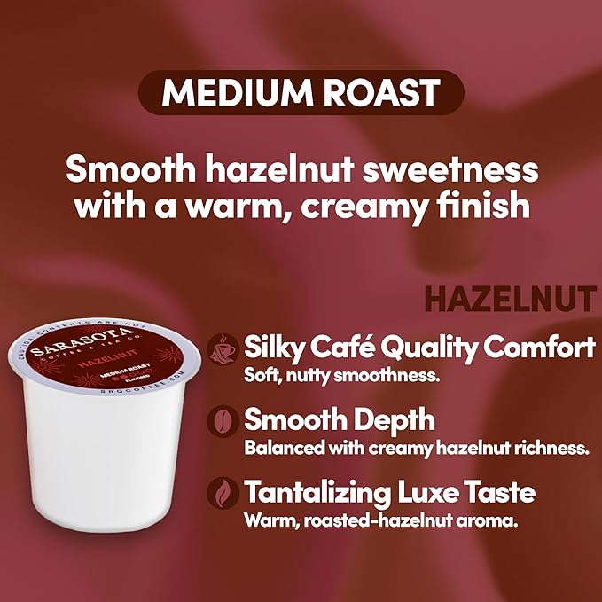Sarasota K-Cup Coffee Pods | Medium Roast Flavored Coffee | Hazelnut | Single Serve for Keurig Brewers | Gourmet Low Acid Mold Free | 24 Count