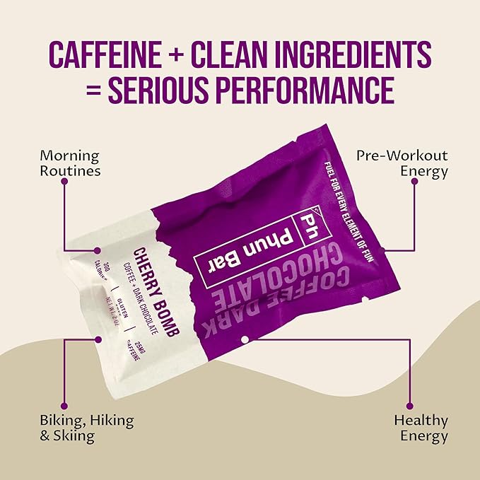 Phun Bar Cherry Bomb Energy Bars (Pack of 12) 25mg Caffeine | Coffee + Dark Chocolate + Cherry | Gluten-Free Sports Energy Bars for Cycling Hiking Training &amp Busy Days