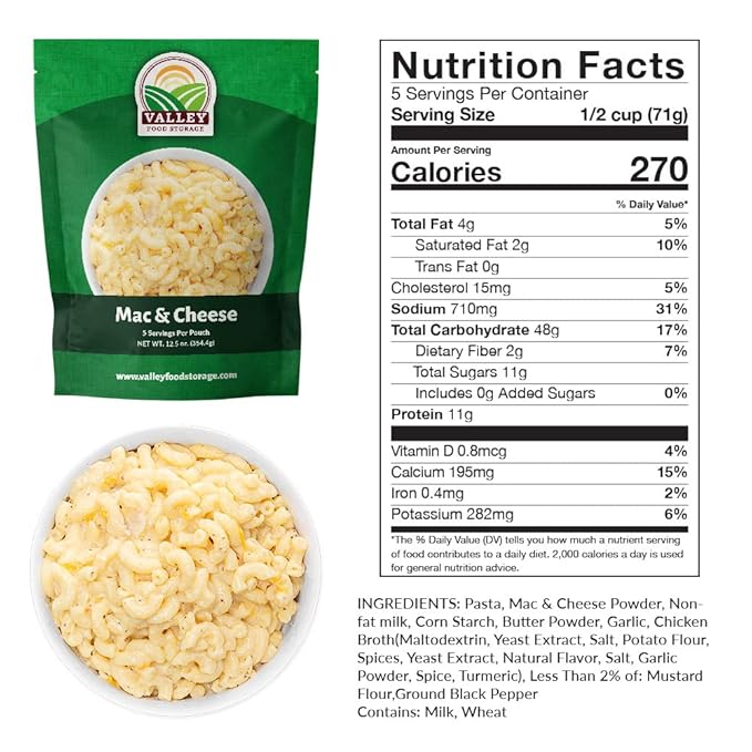Valley Food Storage Mac and Cheese | 10-Bag Bucket 50 Servings | Non-GMO Premium Emergency Food Supply 25 Year Shelf Life | Survival Meal Kits Prepper Food Camping &amp Off-Grid Living Supplies