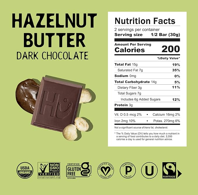 Hu Chocolate Bars | 6 Pack Hazelnut Butter Chocolate | Natural Organic Vegan Gluten Free Paleo Non GMO Fair Trade Dark Chocolate | 2.1oz Each