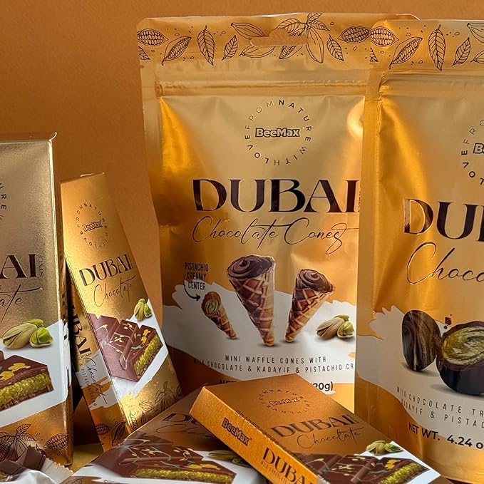 BEEMAX Dubai Style Chocolate Cones Mini Waffle Filled with Milk Pistachio Cream &amp Crunchy Kadaifi Gourmet Middle Eastern for Gifting &amp Indulging 4.24 oz Resealable Pouch 2-Pack