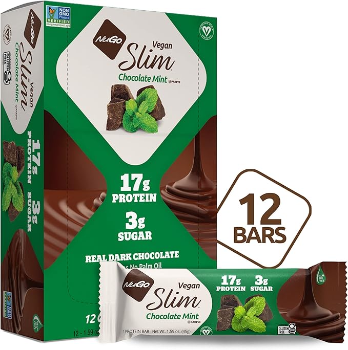 NuGo Slim Dark Chocolate Crunchy Peanut Butter Protein Bars and Chocolate Mint Box 12 Count Each