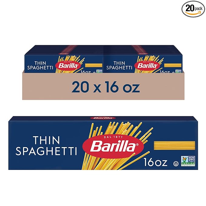 Barilla Thin Spaghetti Pasta 16 oz. Box (Pack of 20) - Non-GMO Made with Durum Wheat Semolina - Kosher Certified