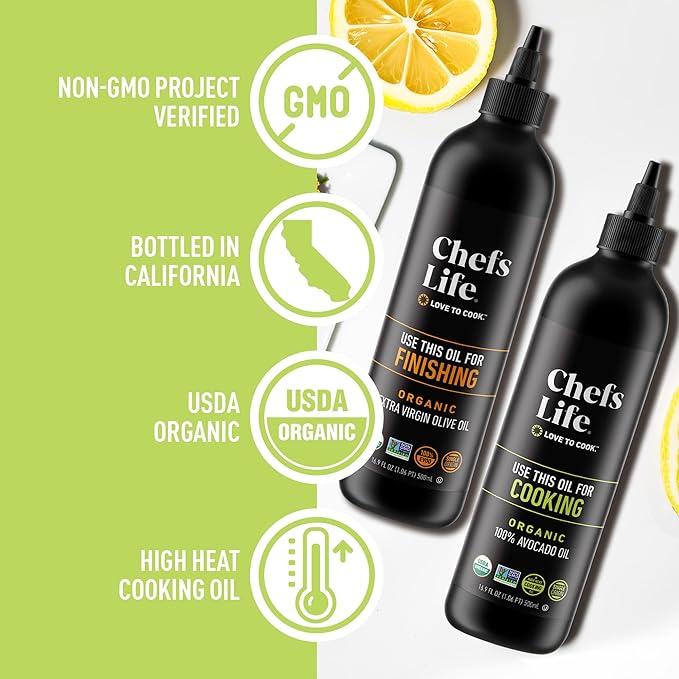 Chefs Life Organic Cooking Oil &amp Finishing Oil 2 Pack - Extra Virgin Olive and Avocado Oil EVOO Gift Set for Dipping Dressing Cooking Single Origin Non GMO - 16.9 Fl Oz (2 Bottle Gift Set)