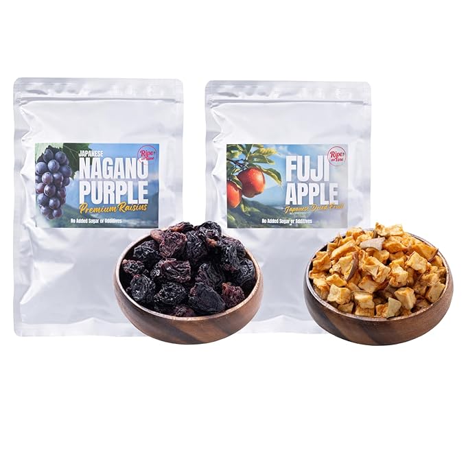 Ripe on Time Luxury Japanese Dried Fruit Gift Set - Rare Nagano Purple Raisins &amp Diced Fuji Apples (The Premium Collection) - Seedless Elegant Sweetness No Sugar Added Vegan Snack for Wine
