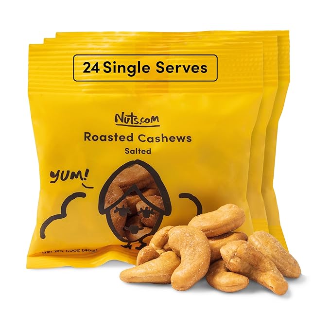Nuts.com – Roasted Cashews (Salted Single Serve) — Creamy &amp Savory Flavor Healthy Snack for Adults &amp Kids Good Source of Protein Fiber Calcium Iron &amp Healthy Fats – Vegan &amp Gluten