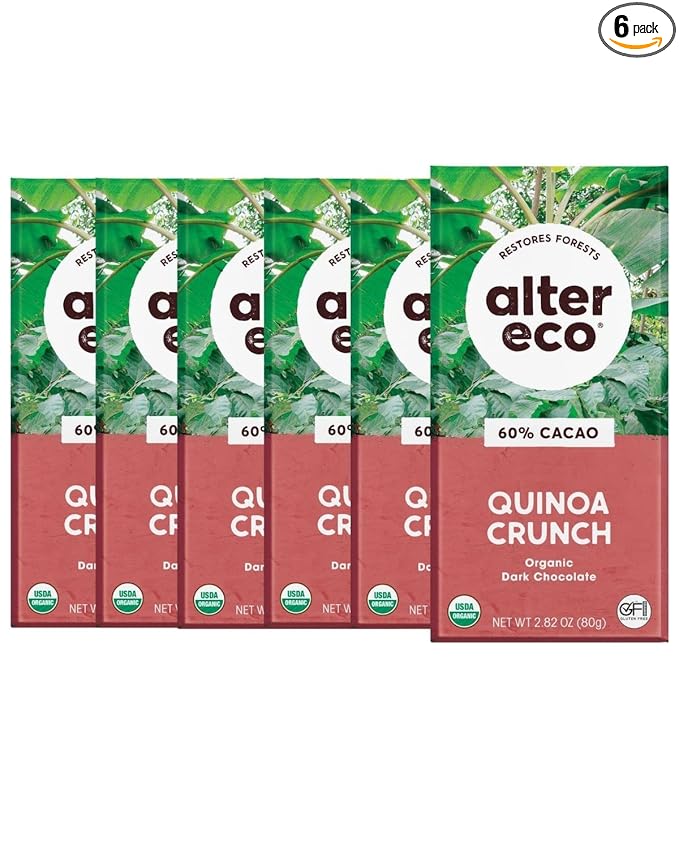 Alter Eco | Dark Chocolate Bars | Pure Dark Cocoa Fair Trade Organic Non-GMO Gluten Free (6-Pack Quinoa Crunch)