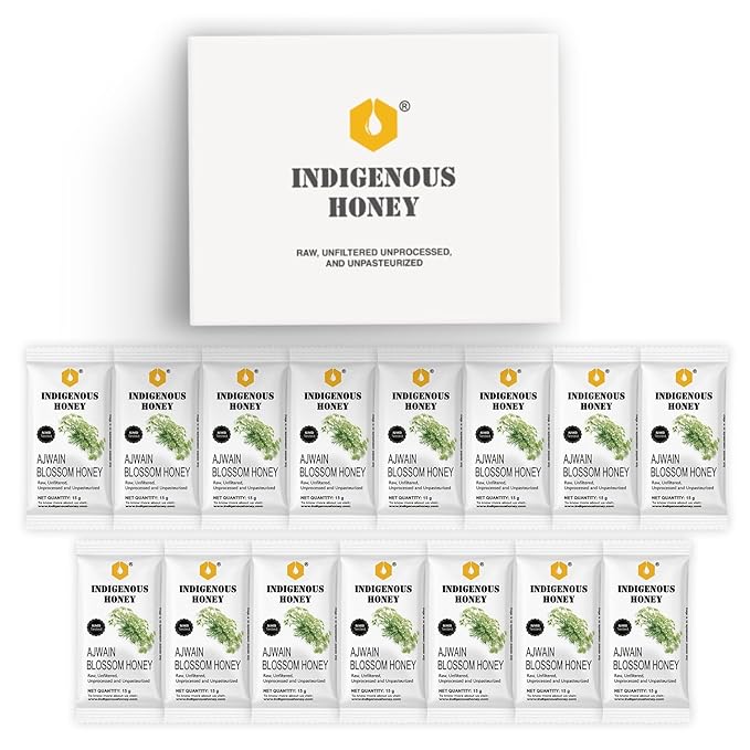 INDIGENOUS HONEY Raw Pure Ajwain Honey Natural Organic Unprocessed Added Sugar Free NMR Tested Unpasteurized Unheated 15 Travel Sachets 15g Each Total 225g