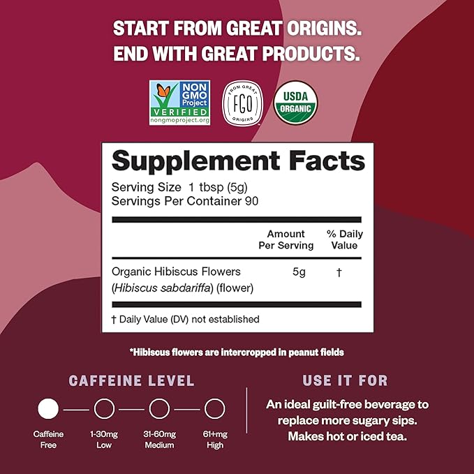 FGO Organic Hibiscus Flowers Cut and Sifted 16oz Bulk Resealable Bag Packaging May Vary (Pack of 1)