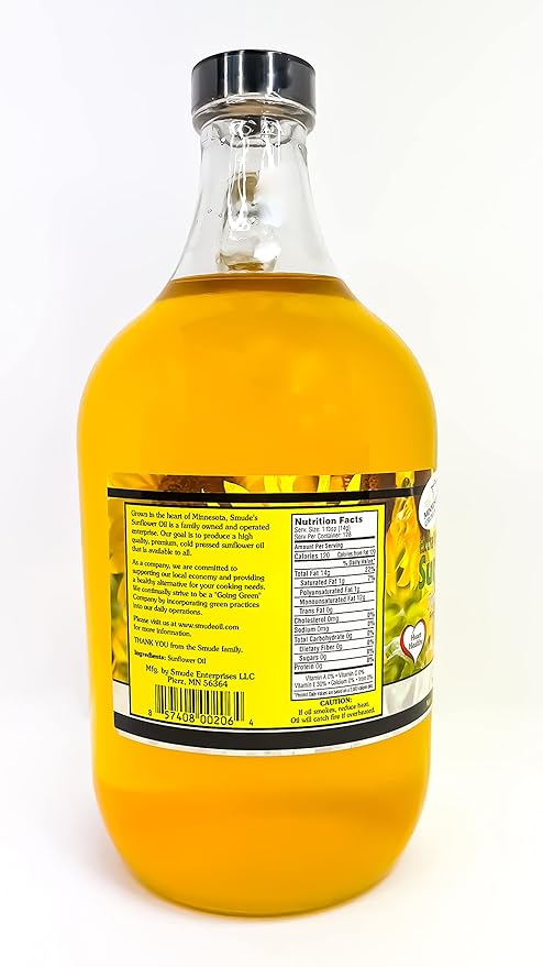 Smude's Brand Cold Pressed Sunflower Oil – ½ Gallon (64 oz.) Glass Bottle | Healthy &amp Versatile Cooking Oil High Oleic Heart Healthy | All Natural Chemical Free 100% Pure Unrefined | Gluten F