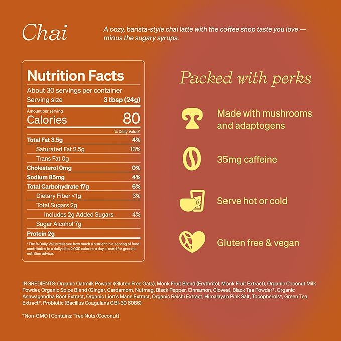 Clevr Chai Tea Latte Instant Superfood Powder Blend with Oat Milk Lions Mane Reishi Mushroom Black Tea Organic Spices Coconut Cream Ashwagandha Oprah’s Favorite Things 2022 (30 Lattes)