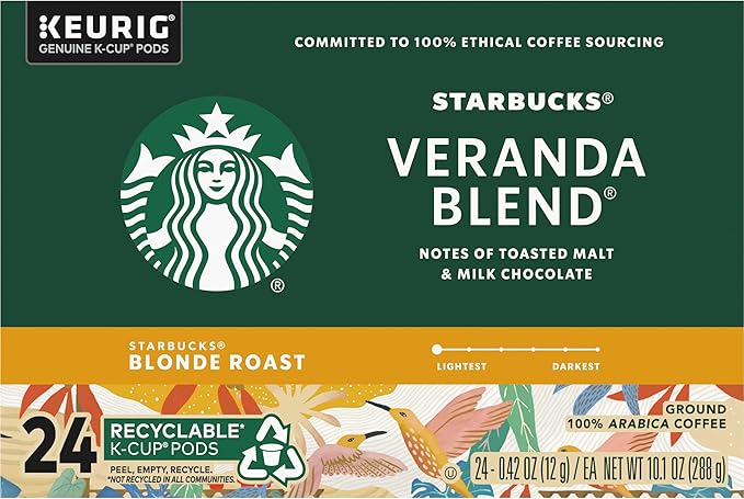 Starbucks Coffee K-Cup Pods Veranda Blend Blonde Roast Coffee Notes of Toasted Malt &amp Milk Chocolate Keurig Genuine K-Cup Pods 24 CT K-Cups/Box (Pack of 3 Boxes)