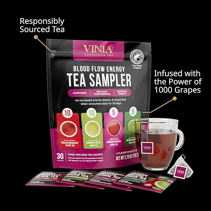 VINIA Tea Bags Sampler 4 Flavor Variety Pack. Made with Organic Teas Infused with Piceid Resveratrol for Heart Health Nitric Oxide Physical Energy Alertness Blood Flow Keto Kosher NON-GMO. 30