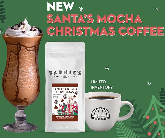 Barnie's Coffee Santa's Mocha Christmas Ground Coffee with Coconutty Caramel Mocha Flavor Medium Roasted Arabica Coffee Beans 12 oz Bag (Pack of 2)