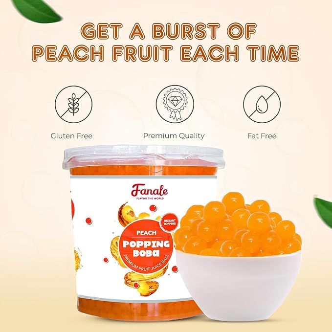 Fanale Peach Popping Boba Pearls Vegan Non GMO Gluten Free Fat Free Perfect for Bubble Tea Smoothies Ice Cream Desserts and Beverages | FPB010