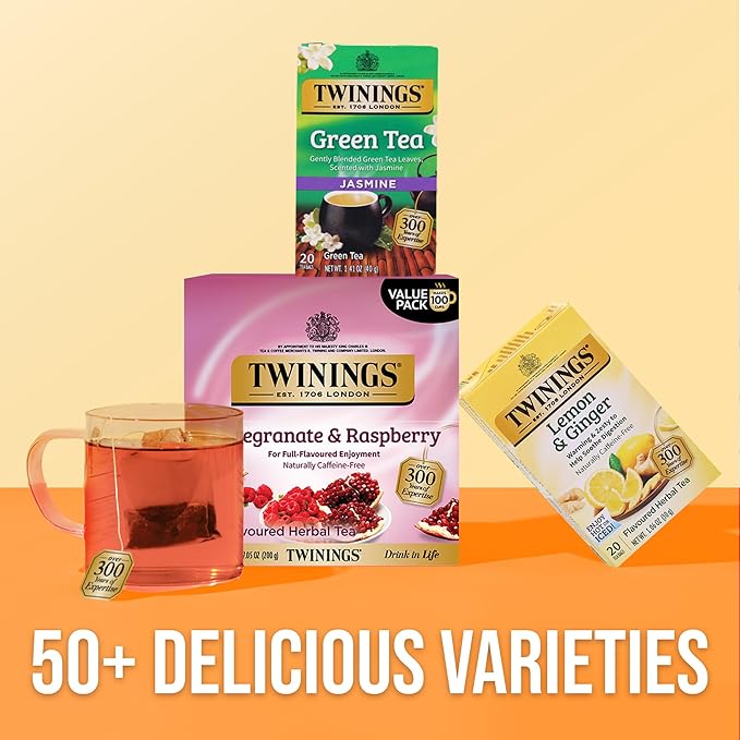 Twinings Pomegranate &amp Raspberry Herbal Tea Individually Wrapped Bags 100 Count (Pack of 1) Naturally Caffeine-Free Enjoy Hot or Iced 100 Teabags