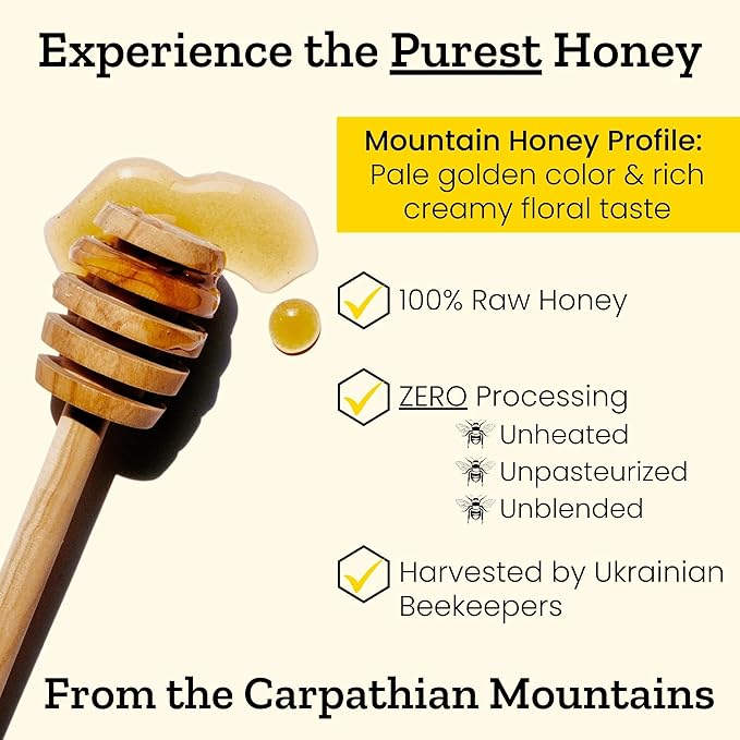 Carpathian Raw Honey Mountain Flowers | 100% Pure Unfiltered Unpasteurized Ethically Sourced | Glass Jar 908g