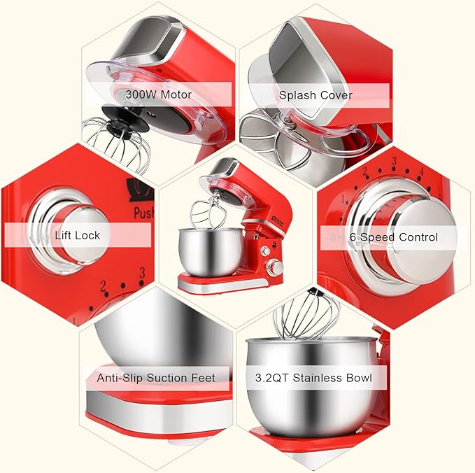 Stand Mixer Kitchen in the box 3.2Qt Small Electric Food Mixer6 Speeds Portable Lightweight Kitchen Mixer for Daily Use with Egg WhiskDough HookFlat Beater (Red)
