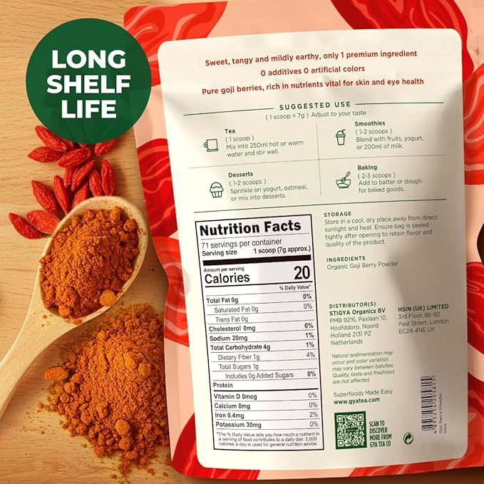Gya Tea Co Goji Powder 1.1lb (17.64 Oz) - 100% USDA Organic Vegan Berries - Ideal for Healthy Smoothies Tea Baking - Antioxidant Rich Superfood for Wellness Support &amp Energy - Non GMO Gluten Fr