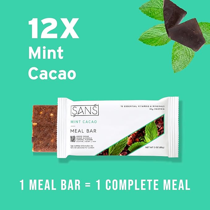 SANS Meal Replacement Protein Bar Gluten Free Healthy High Protein Snacks High Fiber No Sugar Added Dairy Free Soy Free Mint Cacao 12 Bars