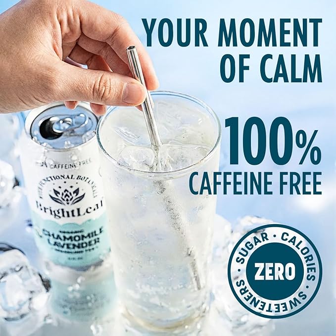 BrightLeaf Chamomile Lavender Sparkling Tea with Functional Benefits for Calm &amp Relaxation – Regenerative Organic Caffeine-Free Zero Sugar Zero Calories Zero Sweeteners Botanical Blend – 12oz